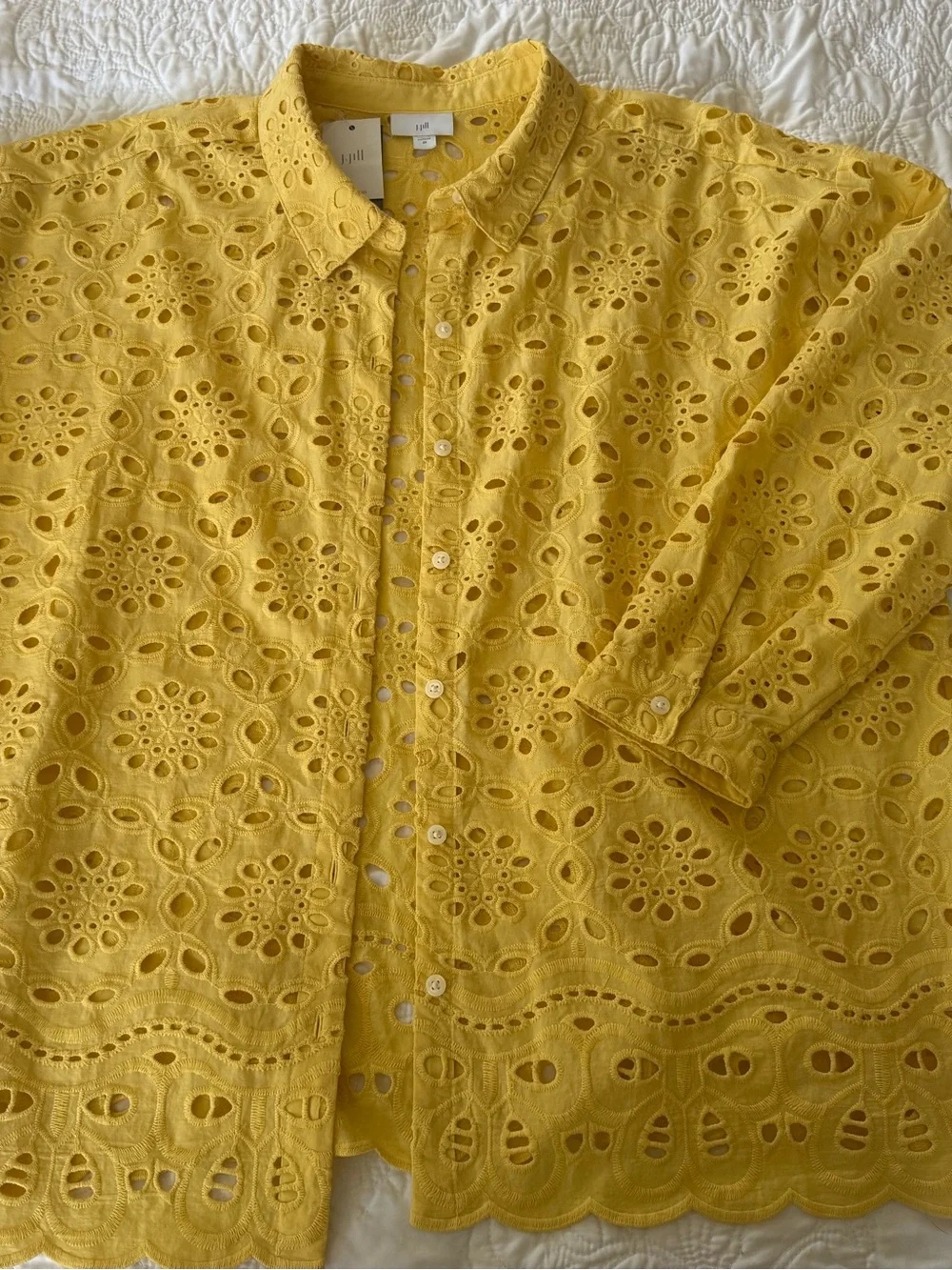 J. Jill Women’s 2X Yellow eyelet button front shirt long sleeve, scalloped hem. - Picture 3 of 7